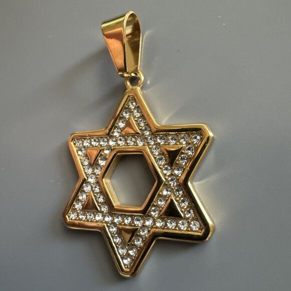 Stainless Steel Jewish Faith Star of David Necklace Bar Mitzvah Gold Zirconia - Picture 2 of 6